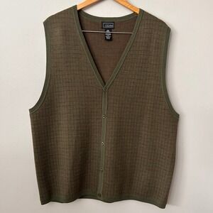 Cezani Mens XL Merino Wool Sweater Vest Olive Green Windowpane Grandpa Core